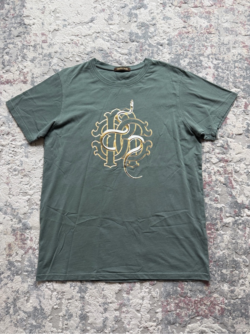 Roberto Cavalli Dark Green Tee with Gold Monogram